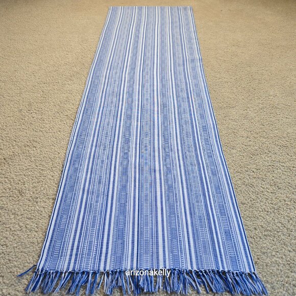 Cotton Linen Woven Scarf Blue & White - Picture 9 of 14